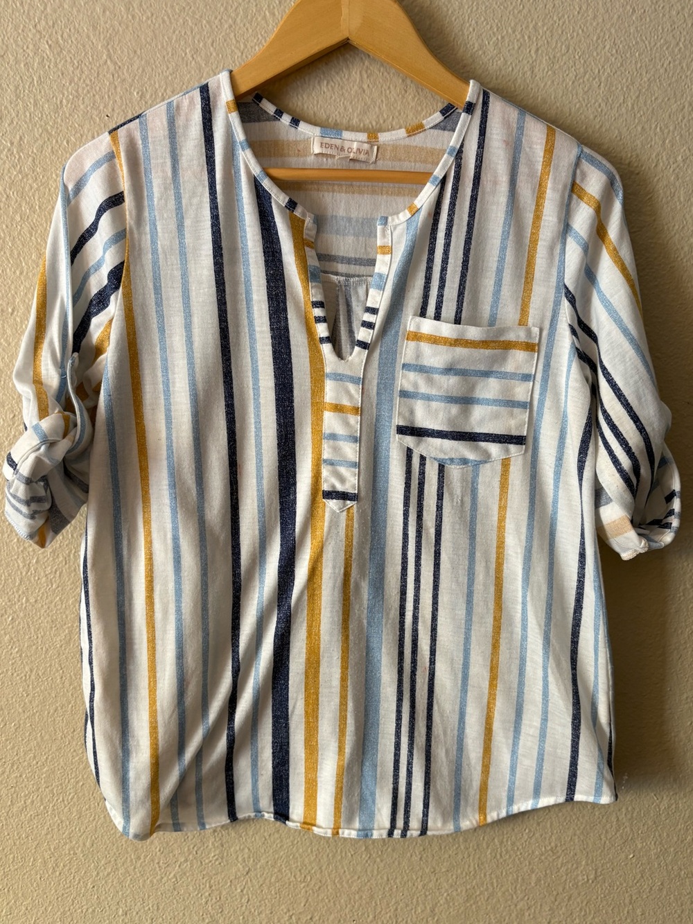 Eden & Olivia Stripe Pullover Blouse White Navy Mustard Split Neck Casual Top S - Picture 1 of 12
